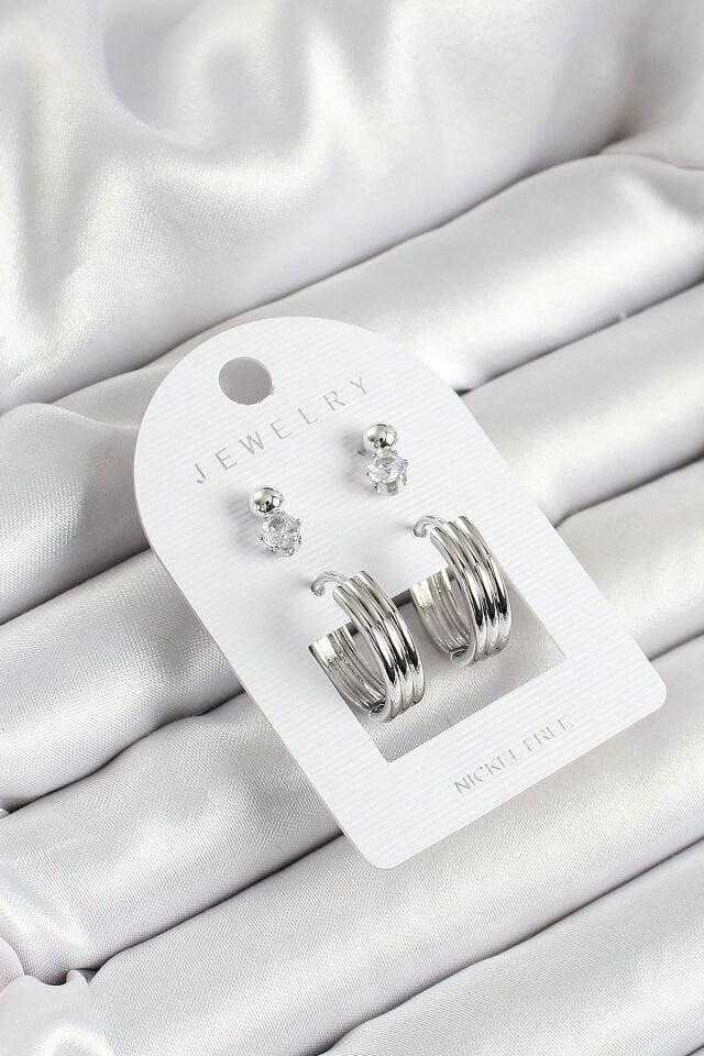 Pirinç Zirkon Taş Ve Halka Figürlü Gümüş Renk 3'lü Çift Kadın Küpe Set