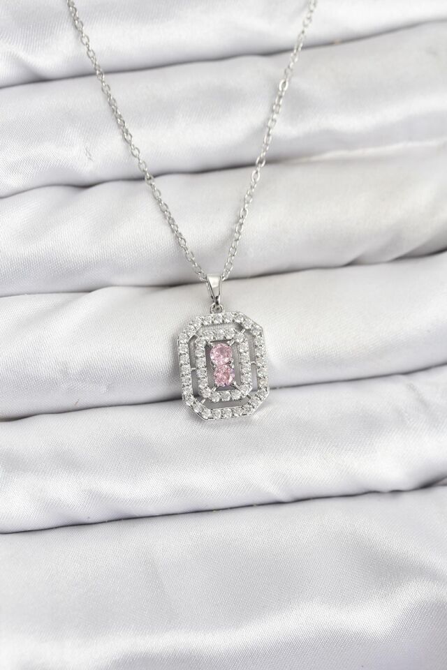 316L Çelik Zincir Gümüş Renk Plaka Model Zirkon Taşlı Kadın Kolye