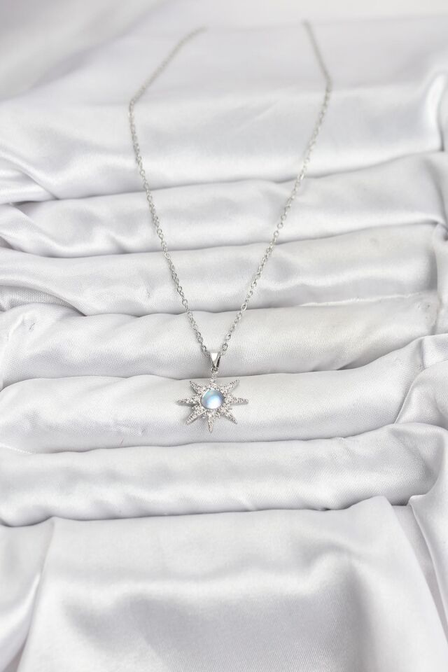 316L Çelik Zincir Gümüş Renk Kutup Yıldızı Model Zirkon Taşlı Kadın Kolye