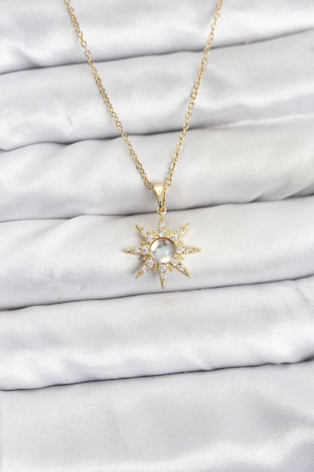 316L Çelik Zincir Gold Renk Kutup Yıldızı Model Zirkon Taşlı Kadın Kolye