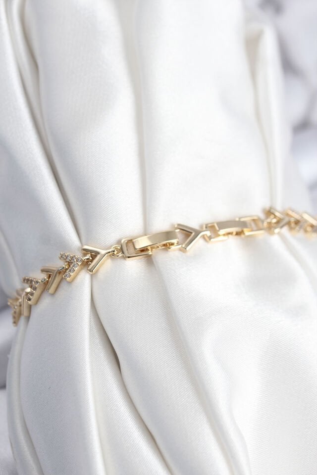 Pirinç VIP Seri Gold Zirkon Taşlı Balık Sırtı Model Kadın Bileklik