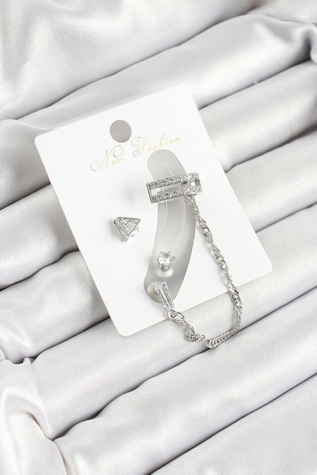 Pirinç Üçgen Figürlü Zirkon Taşlı Gümüş Renk 3'lü Kıkırdak Kadın Küpe Set