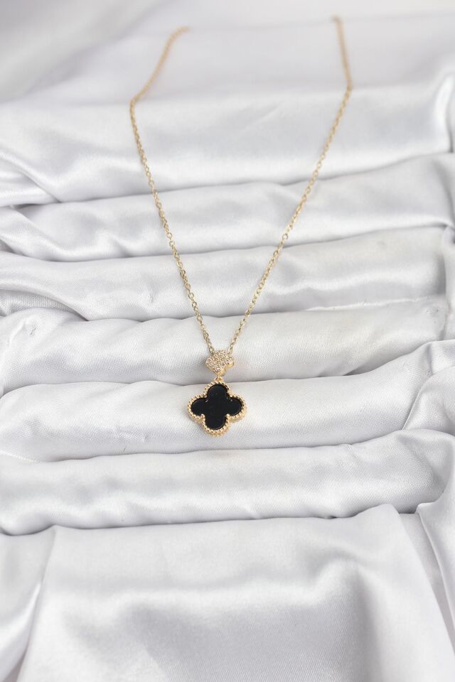 316L Çelik Zincir Gold Renk Yonca Model Zirkon Taşlı Kadın Kolye