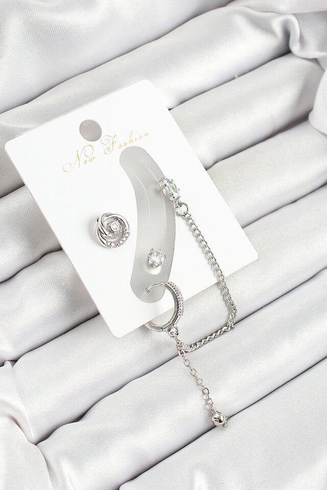 Pirinç Halka Figürlü Zirkon Taşlı Gümüş Renk 3'lü Kıkırdak Kadın Küpe Set