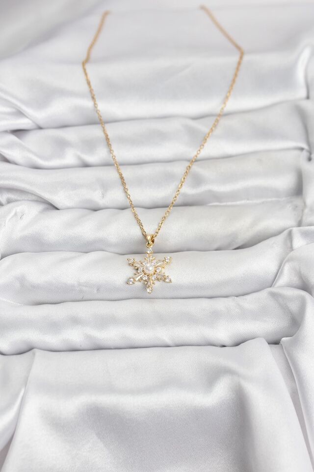 316L Çelik Zincir Gold Renk Kar Tanesi Model Zirkon Taşlı Kadın Kolye