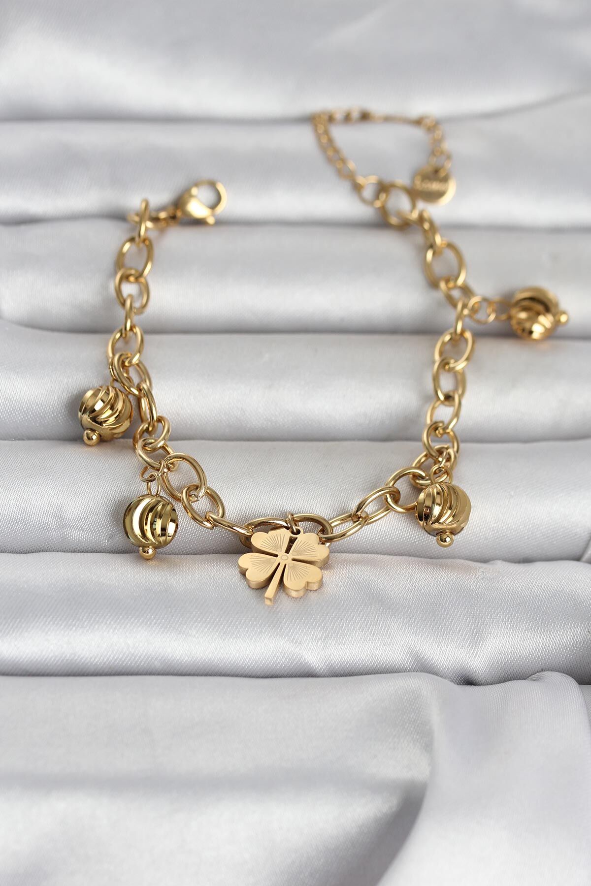 316L Çelik Gold Renk Yonca ve Dorikalı Kadın Bileklik