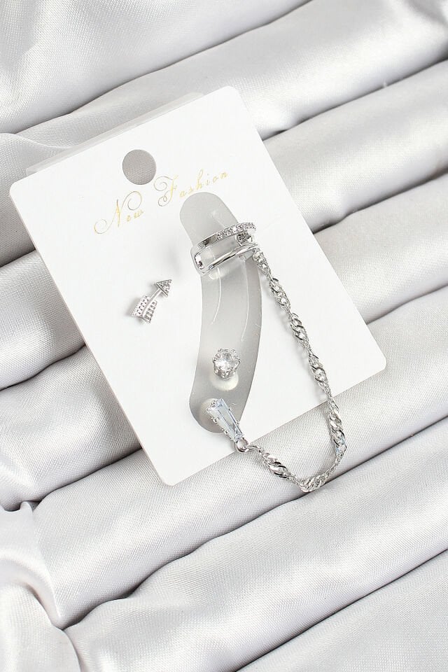 Pirinç Ok Figürlü Zirkon Taşlı Gümüş Renk 3'lü Kıkırdak Kadın Küpe Set