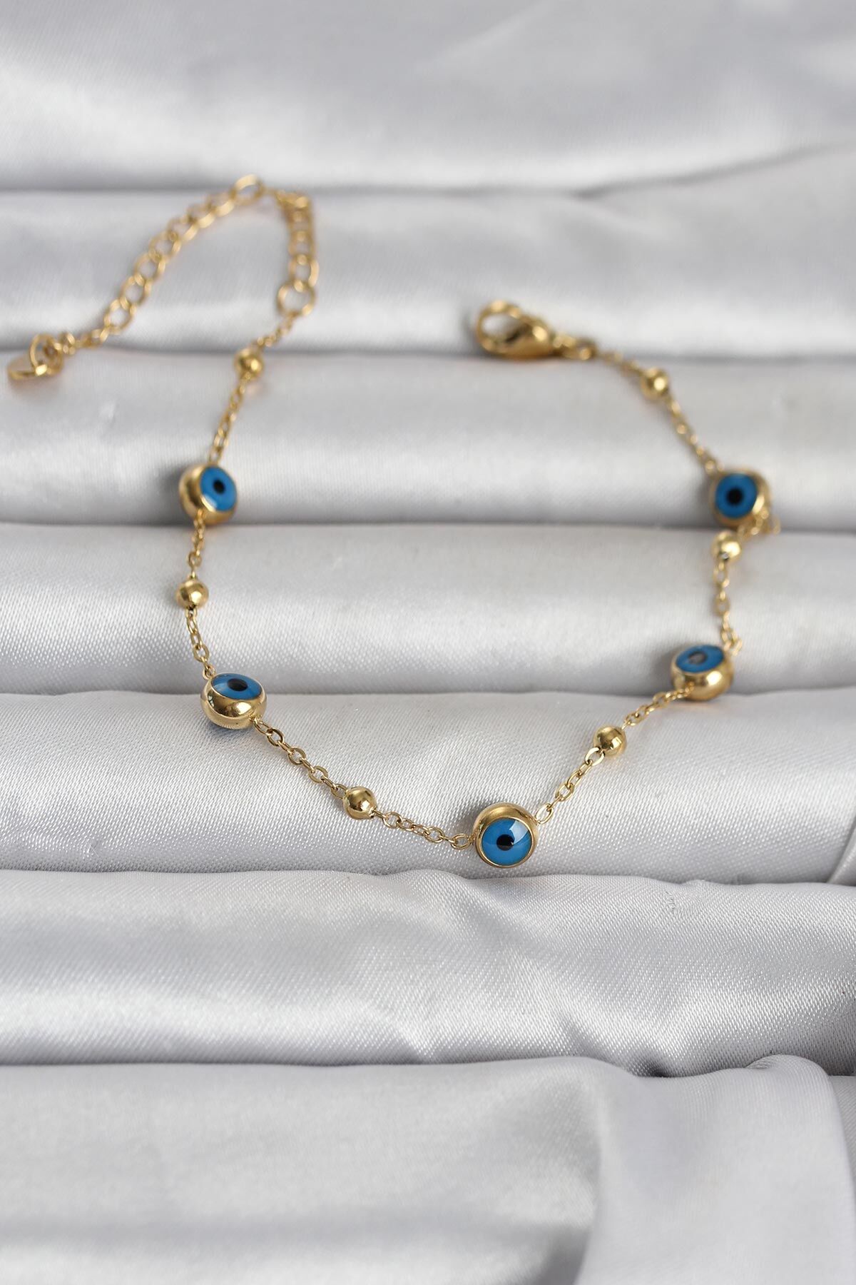 316L Çelik Gold Renk Top Zincirli Nazarlı Kadın Bileklik