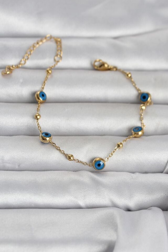 316L Çelik Gold Renk Top Zincirli Nazarlı Kadın Bileklik