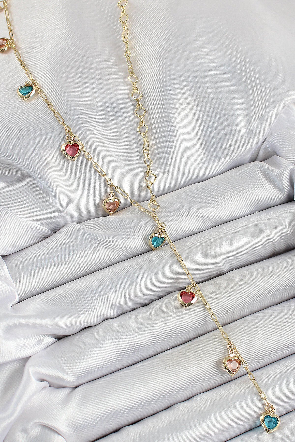 Pirinç Asorti Kalp Model Gold Renk Zirkon Taşlı Y Kolye