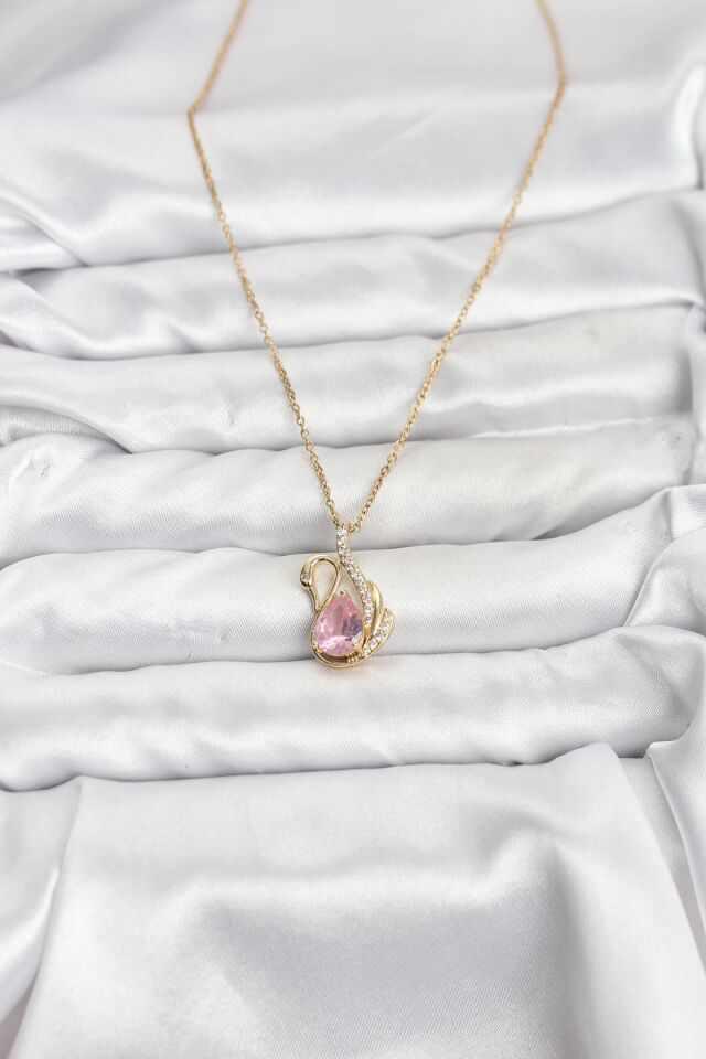 316L Çelik Zincir Gold Renk Pembe Kuğu Model Zirkon Taşlı Kadın Kolye