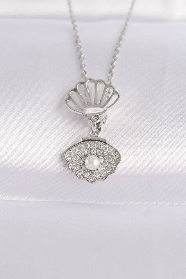 316L Çelik Zincir Gümüş Renk Zirkon Taşlı İnci Detay İstiridye Kolye