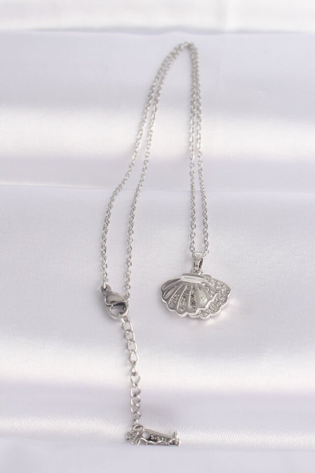 316L Çelik Zincir Gümüş Renk Zirkon Taşlı İnci Detay İstiridye Kolye