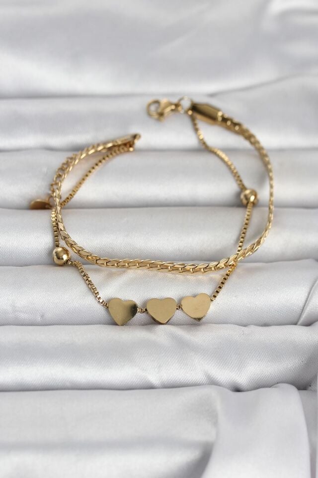 316L Çelik Gold Renk Ezme Zincir ve Kalpli Kadın Bileklik