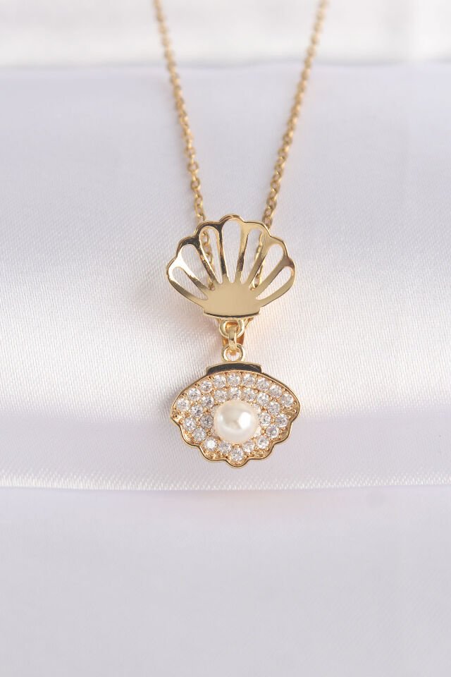 316L Çelik Zincir Altın Renk Zirkon Taşlı İnci Detay İstiridye Kolye