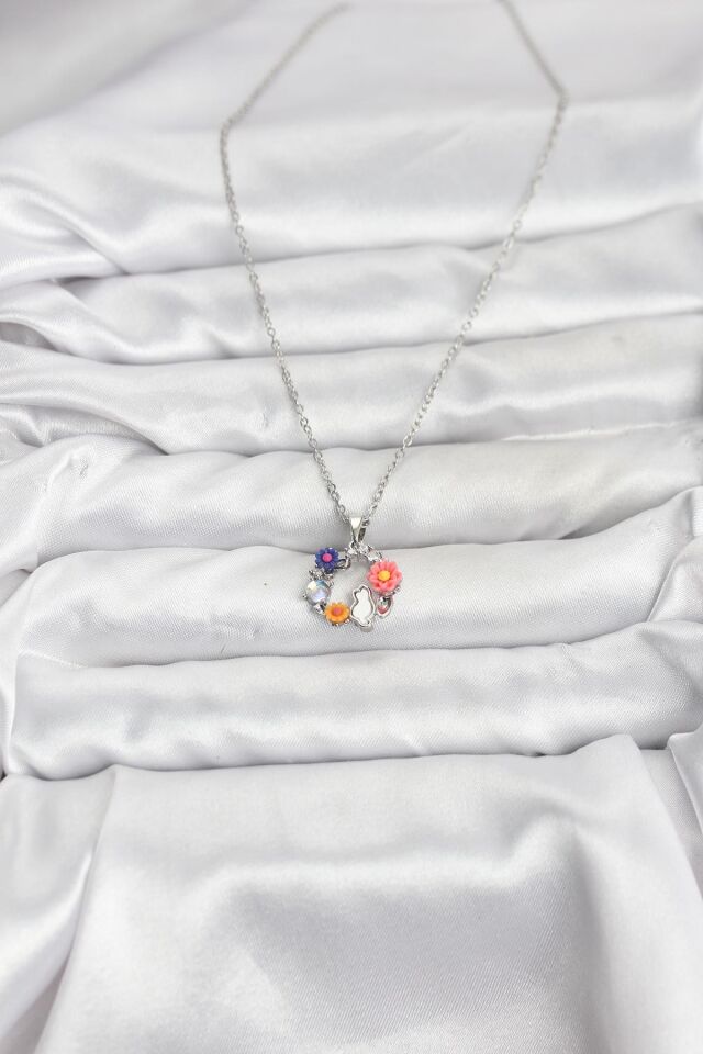 316L Çelik Zincir Gümüş Renk Çiçekli Kedili Model Kadın Kolye