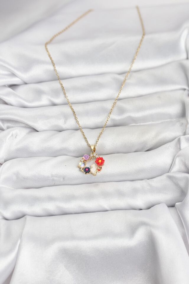 316L Çelik Zincir Gold Renk Çiçekli Kedili Model Kadın Kolye