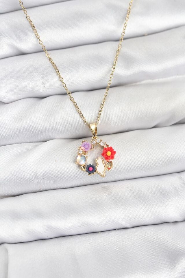 316L Çelik Zincir Gold Renk Çiçekli Kedili Model Kadın Kolye