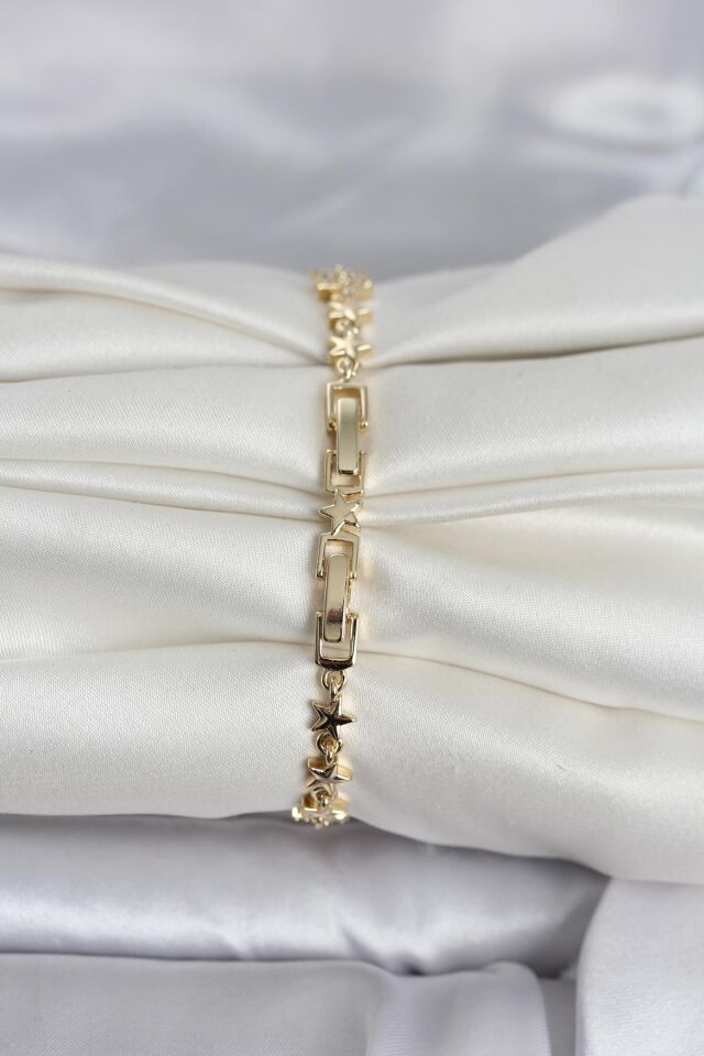 Pirinç Gold Renk Zirkon Taşlı Ay ve Yıldız Model Kadın Bileklik