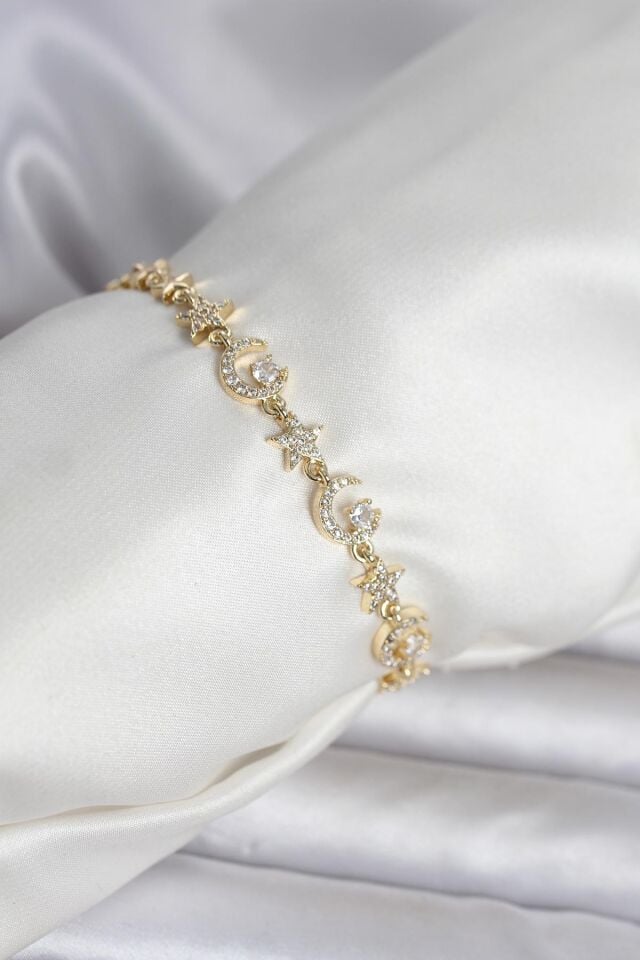 Pirinç Gold Renk Zirkon Taşlı Ay ve Yıldız Model Kadın Bileklik