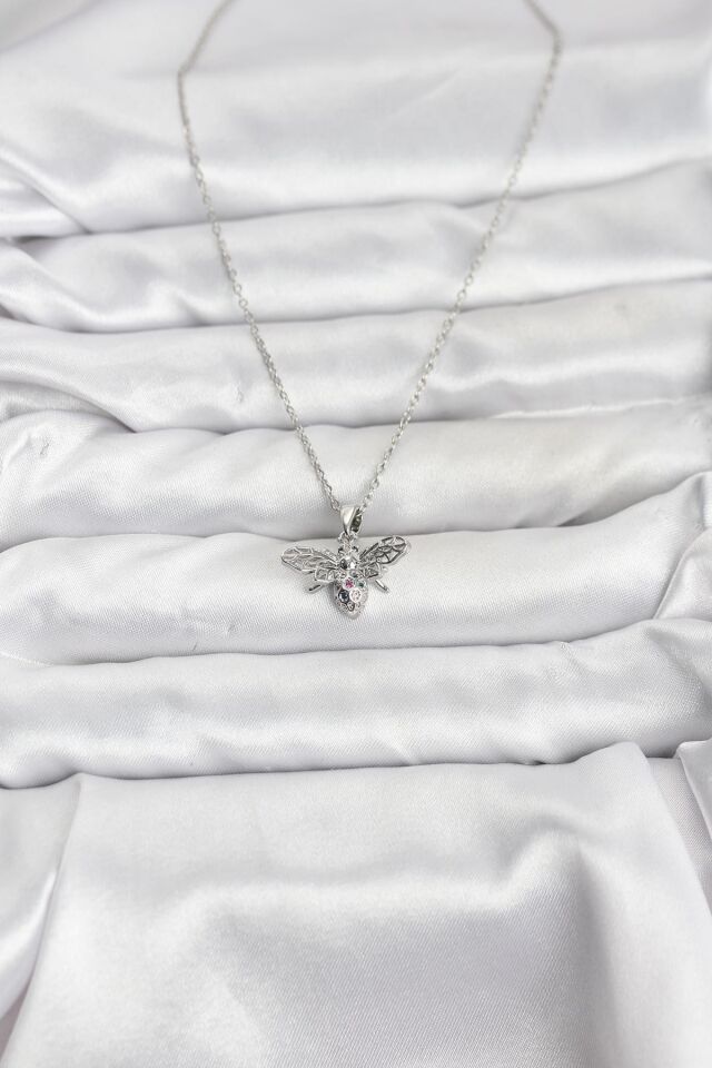 316L Çelik Zincir Gümüş Renk Sinek Model Zirkon Taşlı Kadın Kolye