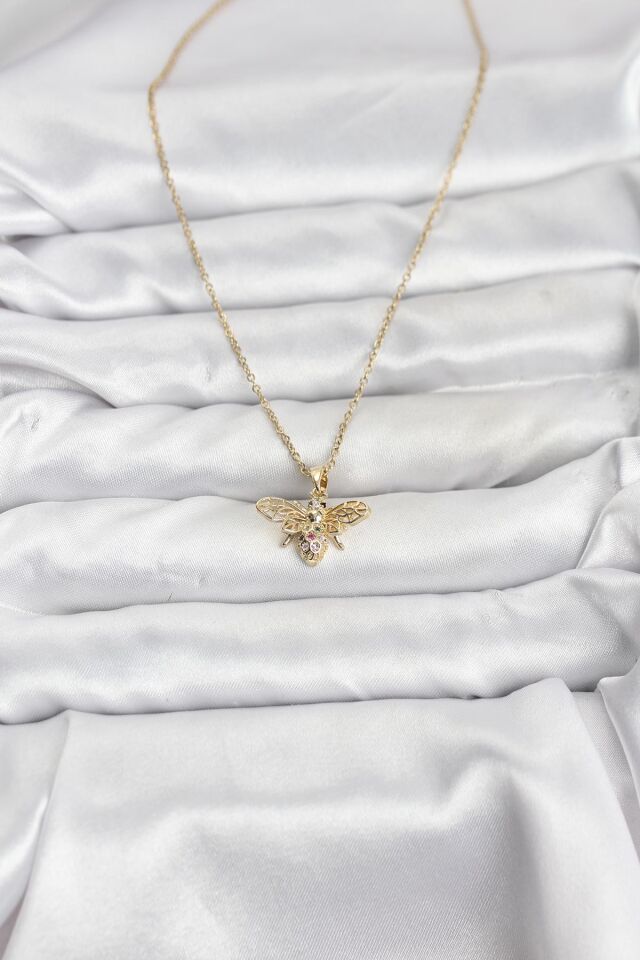 316L Çelik Zincir Gold Renk Sinek Model Zirkon Taşlı Kadın Kolye