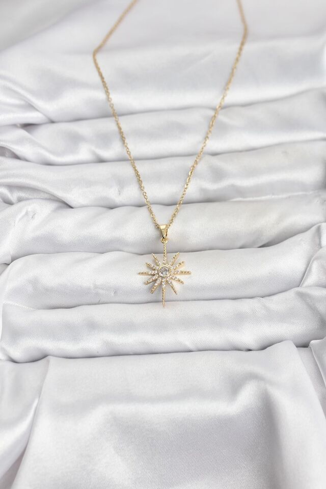 316L Çelik Zincir Gold Renk Kutup Yıldızı Model Zirkon Taşlı Kadın Kolye