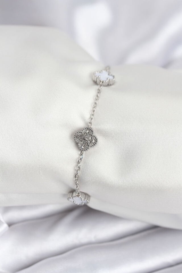 316L Çelik Gümüş Renk Beyaz ve Zirkon Taşlı Baby Boy Yonca Kadın Bileklik