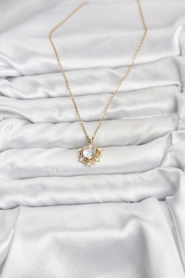 316L Çelik Zincir Gold Renk Kalp Model Zirkon Taşlı Kadın Kolye