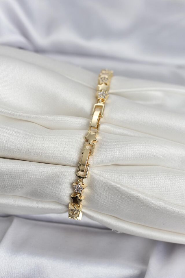 Pirinç Gold Renk Zirkon Taşlı Yıldız Model Kadın Bileklik