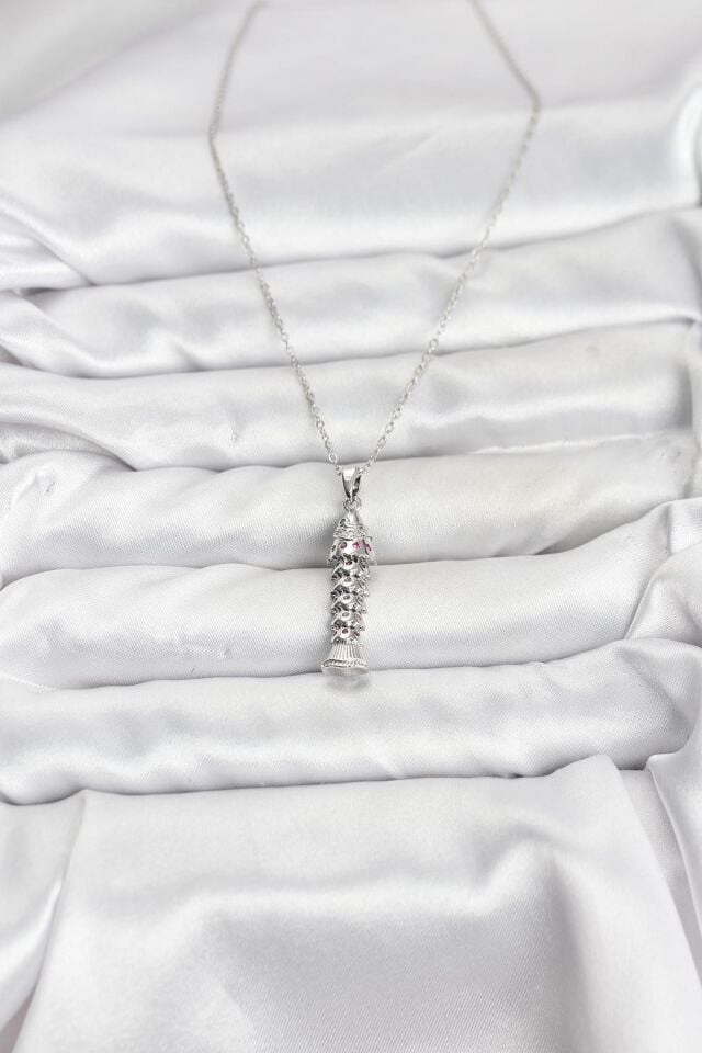 316L Çelik Zincir Gümüş Renk Balık Model Zirkon Taşlı Kadın Kolye