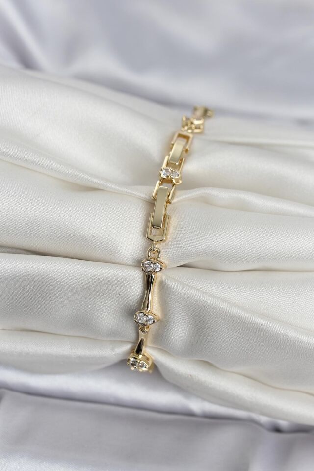 Pirinç Gold Renk Damla Model Zirkon Taşlı Kadın Bileklik