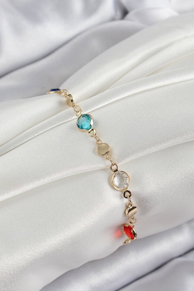 Pirinç Karışık Renk Zirkon Taşlı Gold Renk Kadın Bileklik