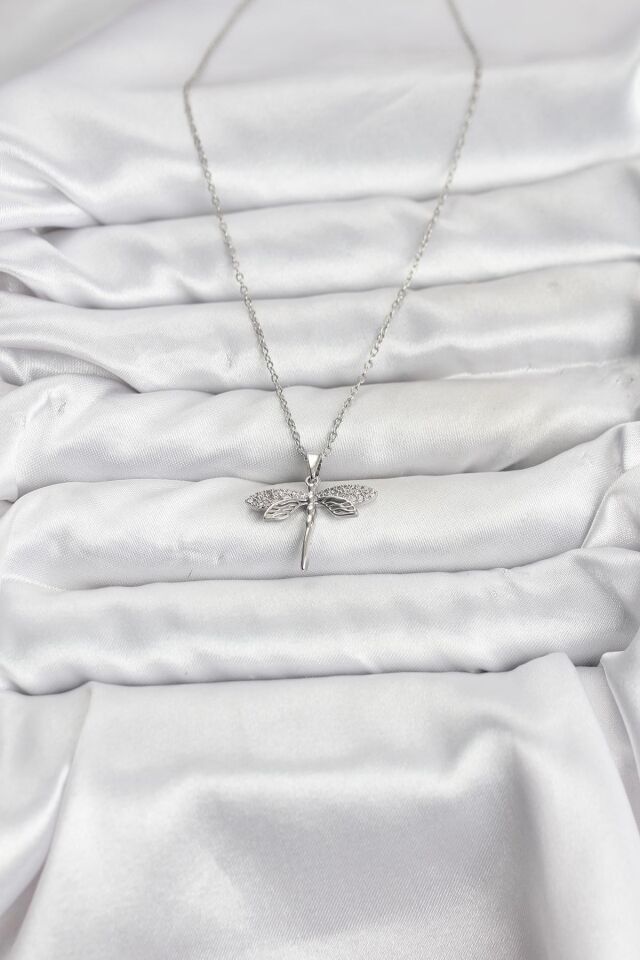 316L Çelik Zincir Gümüş Renk Yusufçuk Model Zirkon Taşlı Kadın Kolye