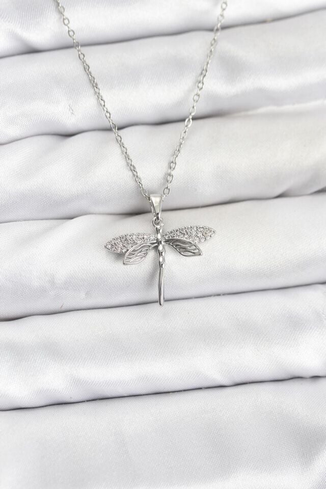 316L Çelik Zincir Gümüş Renk Yusufçuk Model Zirkon Taşlı Kadın Kolye