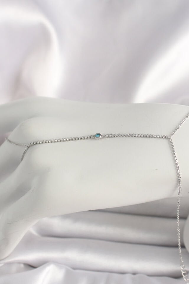 Pirinç Gümüş Renk Su Yolu Zirkon Taşlı Mavi Taş Detaylı Kadın Şahmeran