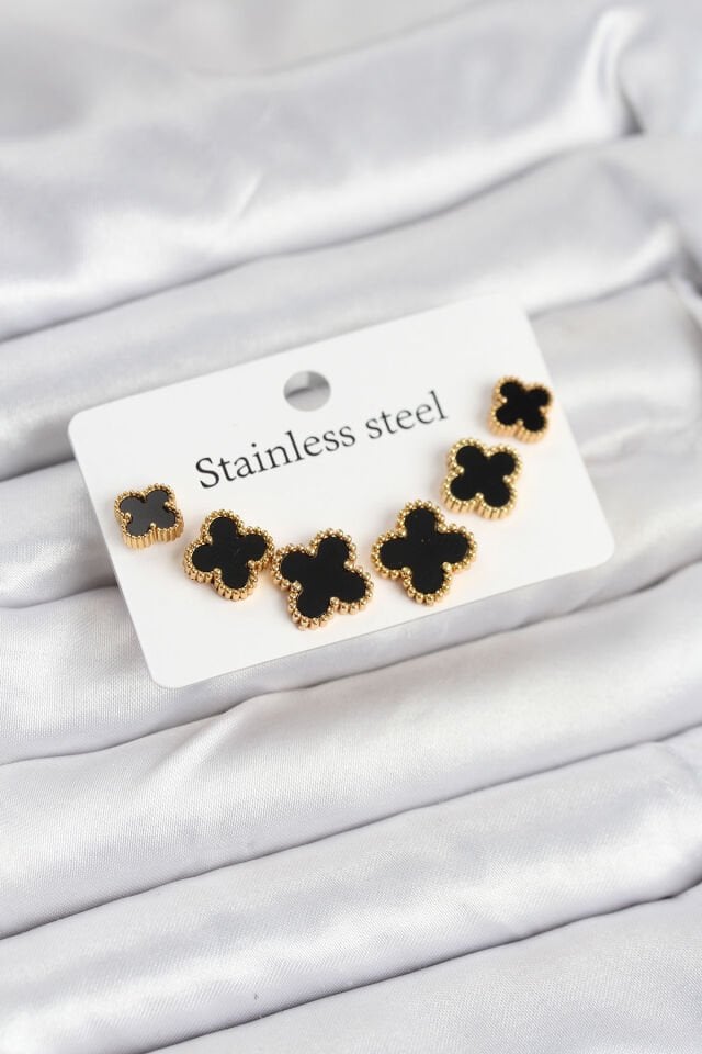 316L Çelik Gold Siyah Renk 3 Boy Yonca Küpe Seti