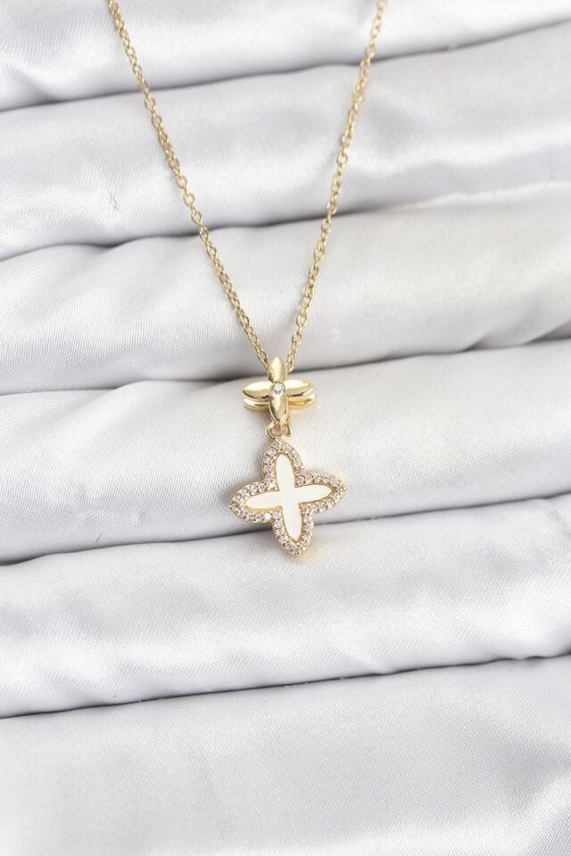 316L Çelik Zincir Gold Renk 4 Yapraklı Yonca Model Zirkon Taşlı Kadın Kolye