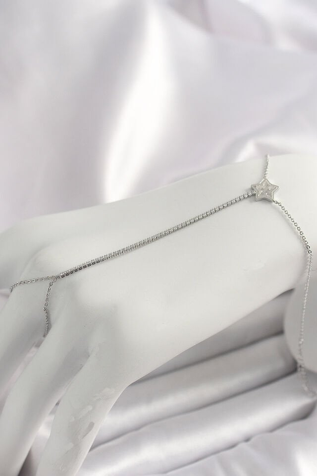 Pirinç Gümüş Renk Su Yolu Zirkon Taşlı Yıldız Model Kadın Şahmeran