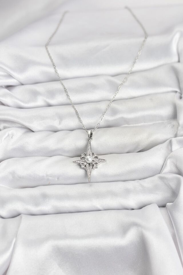 316L Çelik Zincir Gümüş Renk Kutup Yıldızı Model Zirkon Taşlı Kadın Kolye