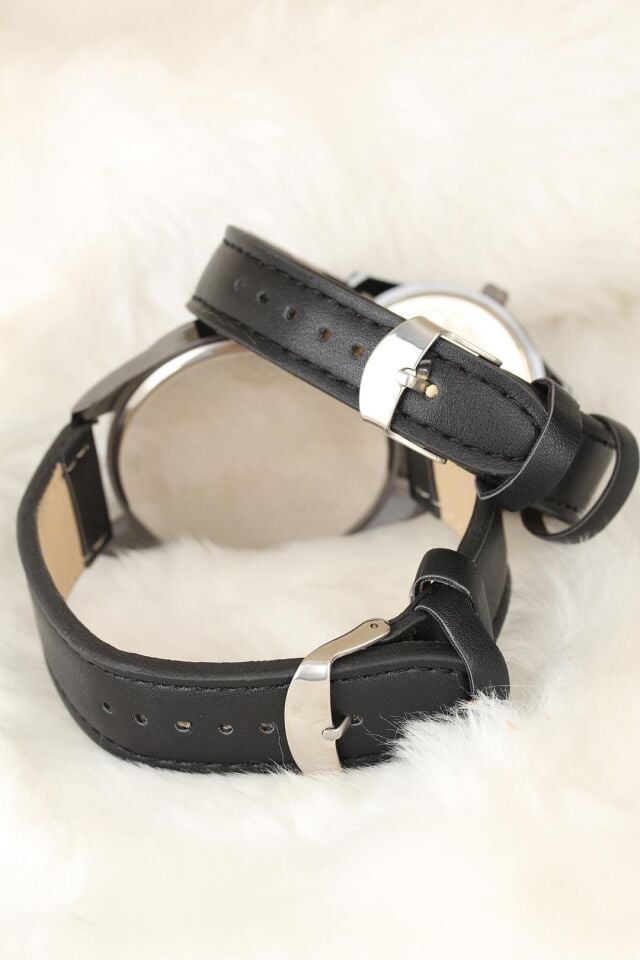 Siyah Renk Deri Kordonlu İstanbul Tasarımlı Sevgili Saatleri