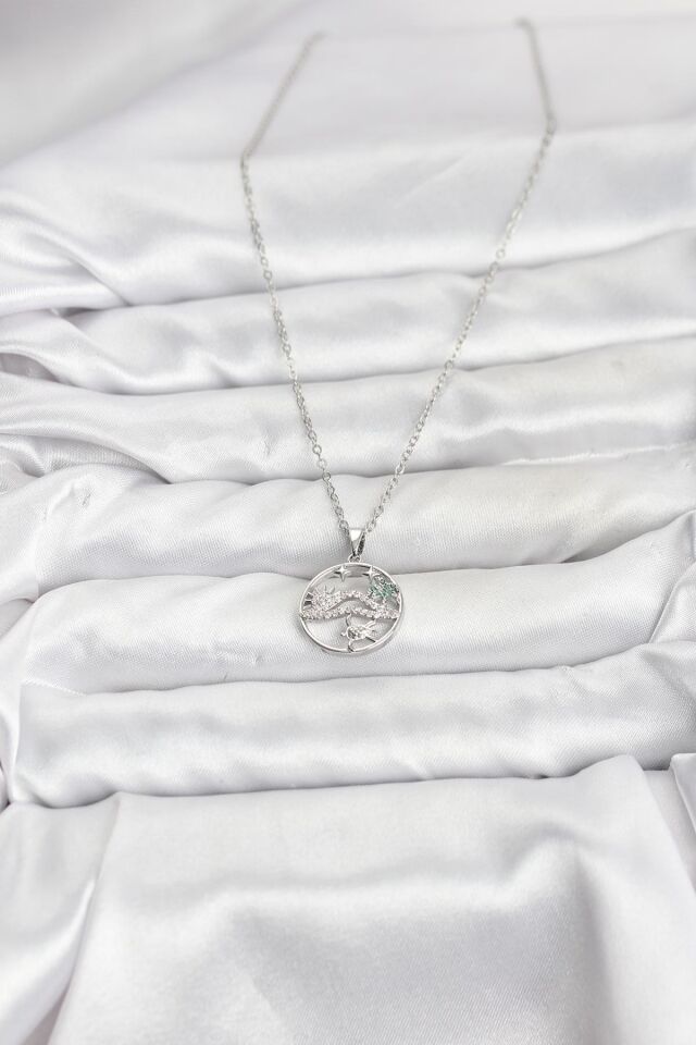 316L Çelik Zincir Gümüş Renk Şans Kolyesi Model Zirkon Taşlı Kadın Kolye