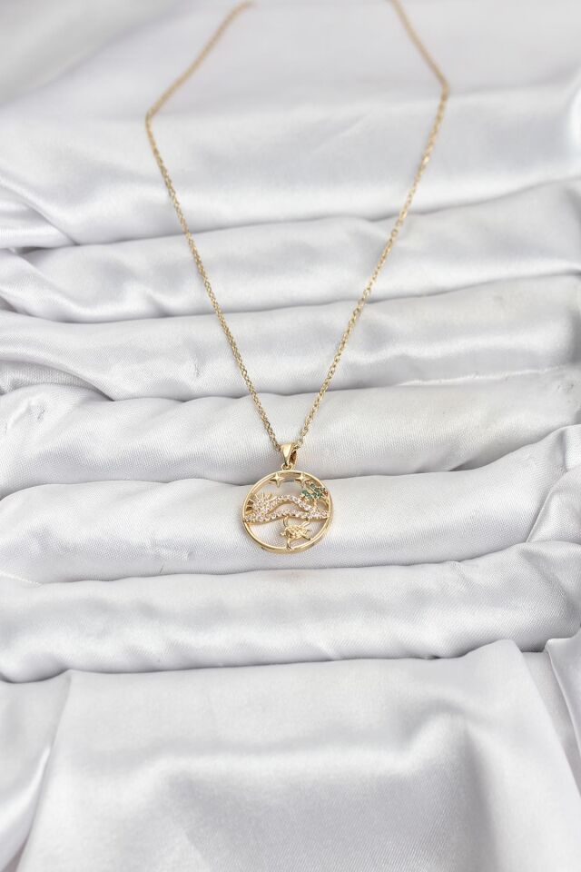 316L Çelik Zincir Gold Renk Şans Kolyesi Model Zirkon Taşlı Kadın Kolye