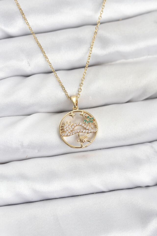 316L Çelik Zincir Gold Renk Şans Kolyesi Model Zirkon Taşlı Kadın Kolye