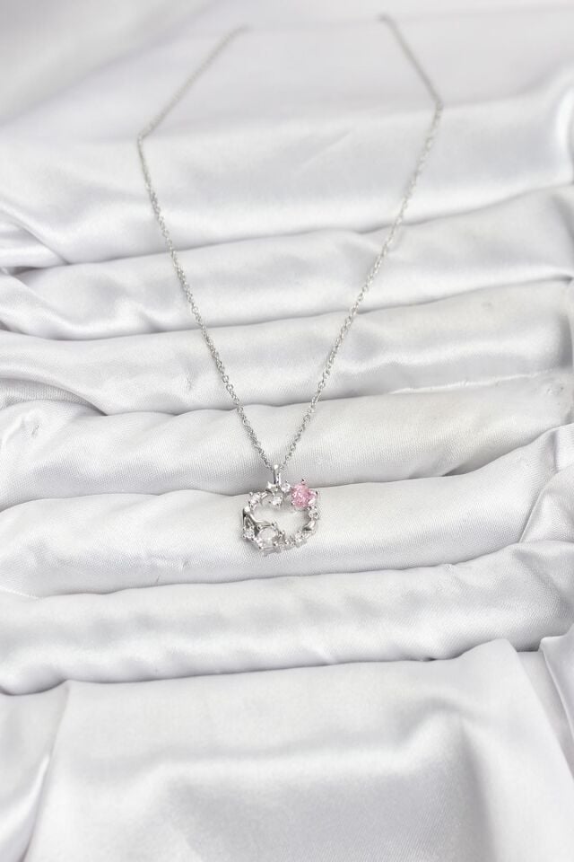 316L Çelik Zincir Gümüş Renk Pembe Taş Detaylı Çelenk Model Kadın Kolye