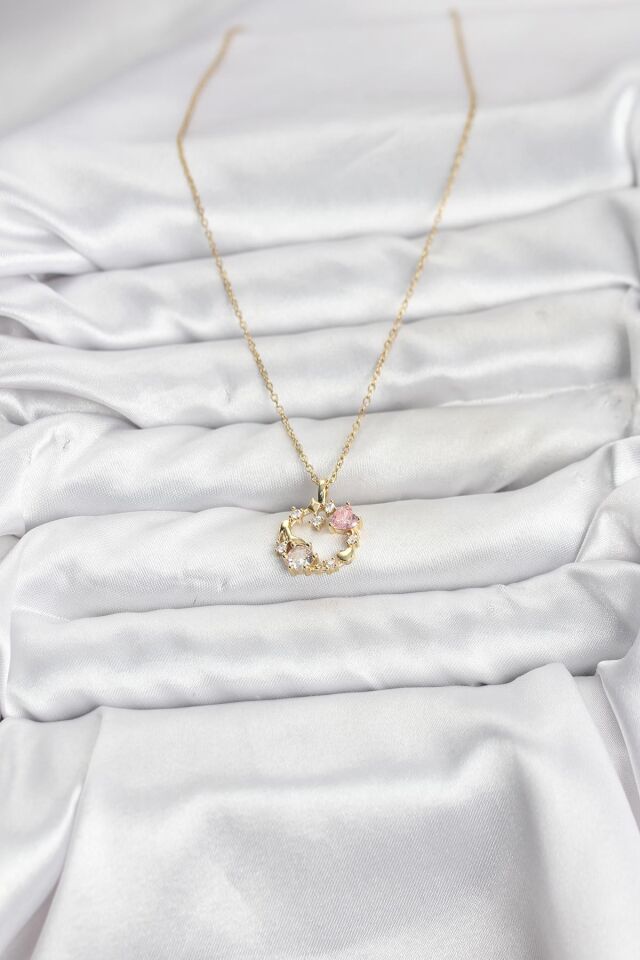 316L Çelik Zincir Gold Renk Pembe Taş Detaylı Çelenk Model Kadın Kolye