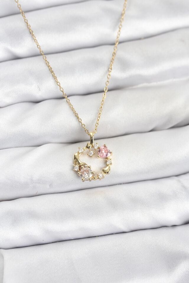 316L Çelik Zincir Gold Renk Pembe Taş Detaylı Çelenk Model Kadın Kolye