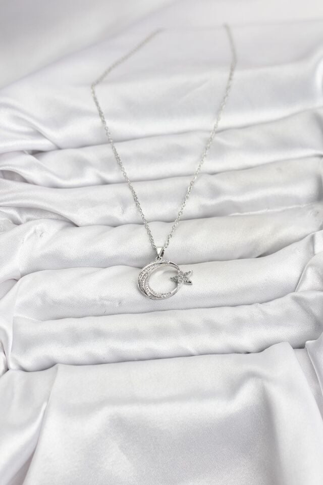 316L Çelik Zincir Gümüş Renk Ay Yıldız Model Zirkon Taşlı Kadın Kolye