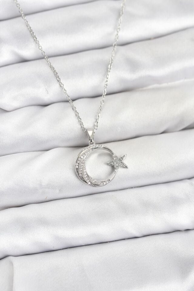 316L Çelik Zincir Gümüş Renk Ay Yıldız Model Zirkon Taşlı Kadın Kolye