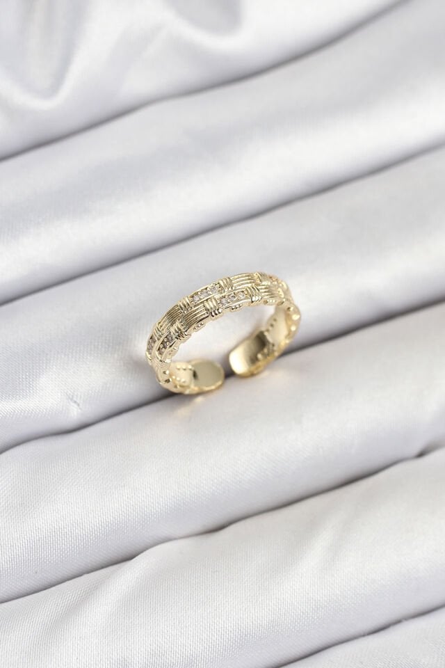 Pirinç Gold Renk Zirkon Taşlı Sırım Kadın Yüzük